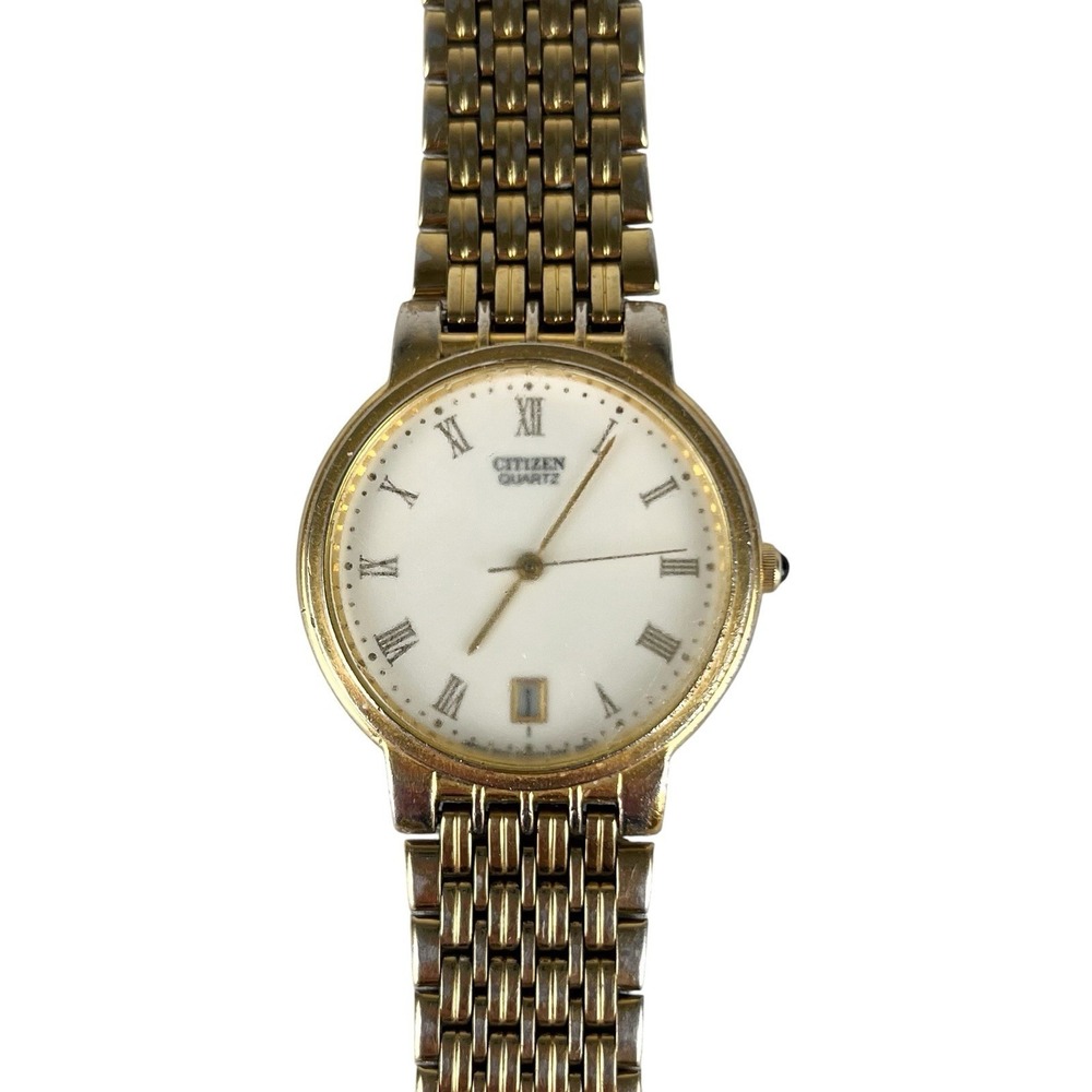 Vintage Citizen Quartz Gold Tone Watch Roman Numeral Date Classic Dress
